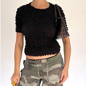 90s vintage black popcorn crop top stretchy textured summer bubble blouse shirt